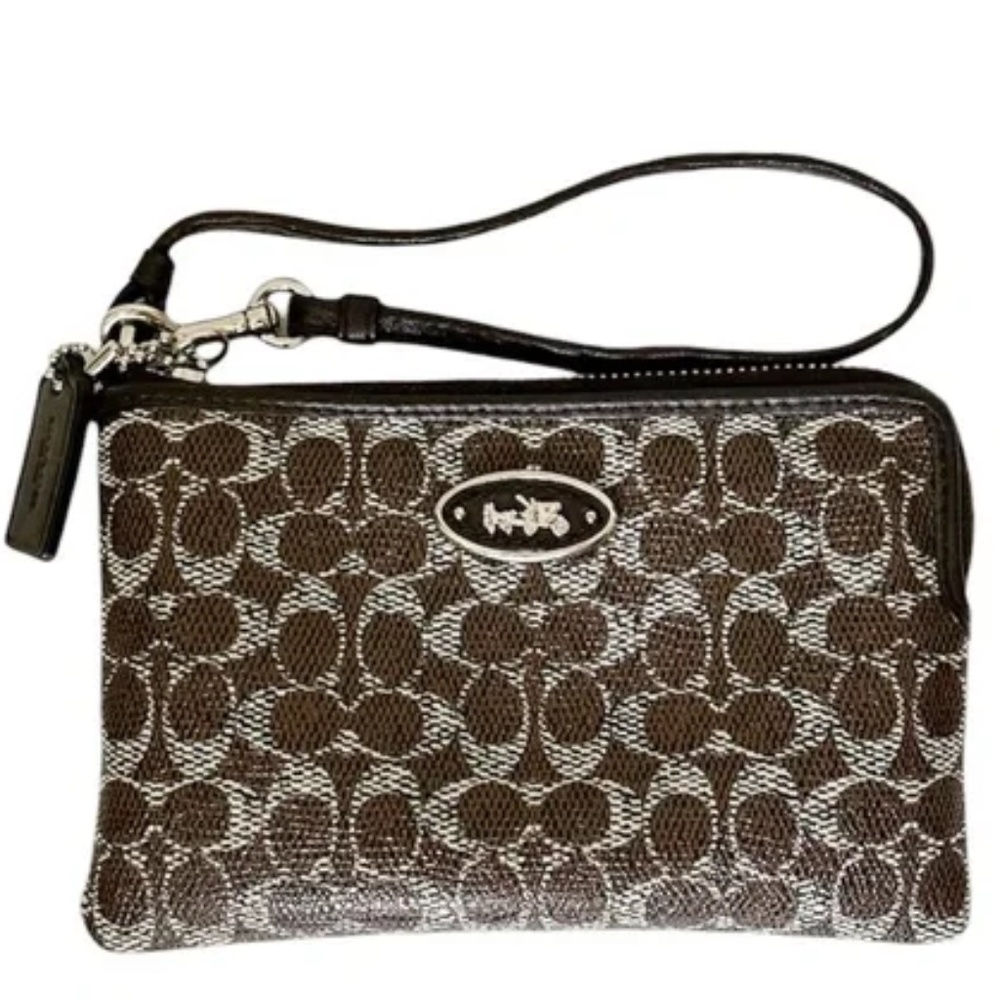 Coach Signature Monogram Strap L-Zip Wristlet EUC